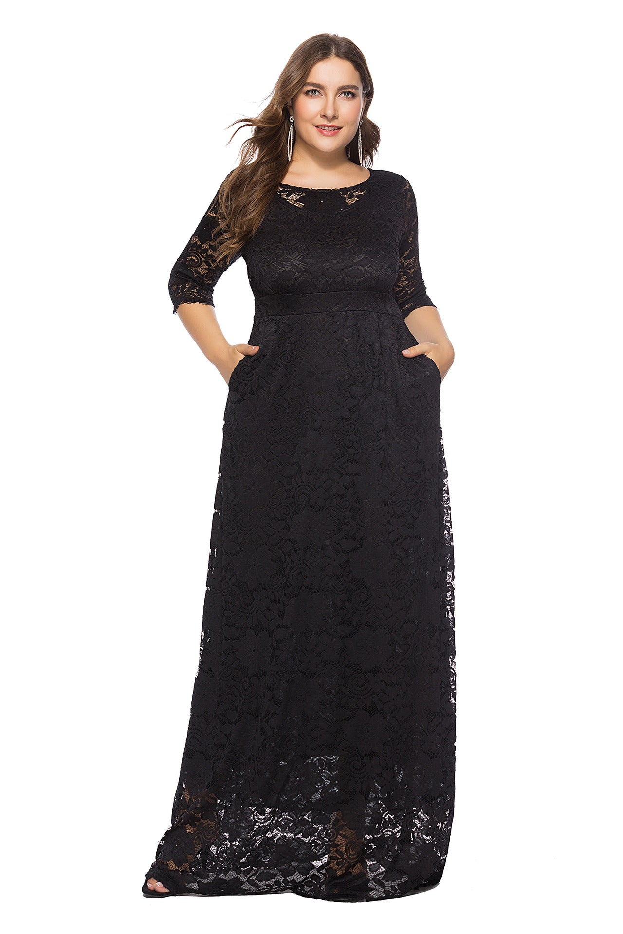 Plus Size Women New Hollow Lace Pocket Dress