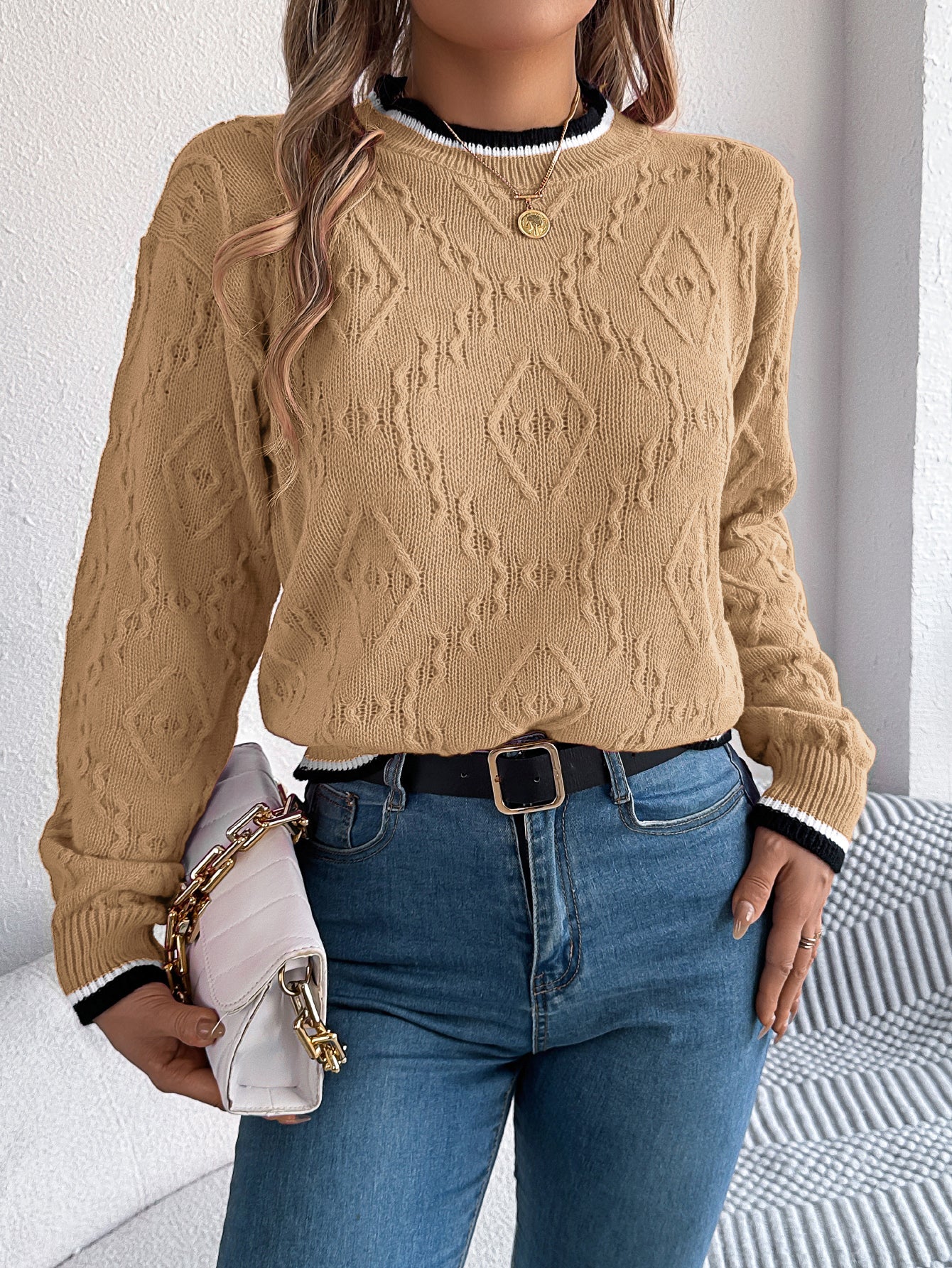 Women Casual Color Block Cable Knit Long Sleeve Pullover Sweater