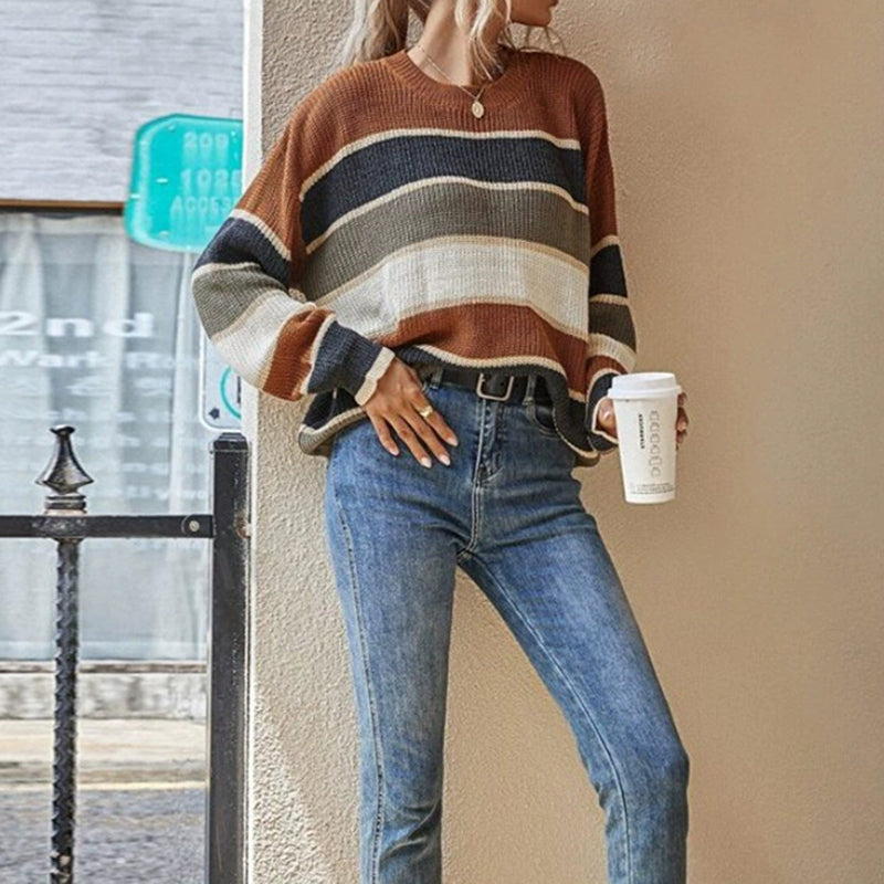 Women's 2025 Striped Color Block Sweater, Cute Crewneck Pullover Top, Fall Winter Fashion Knitwear