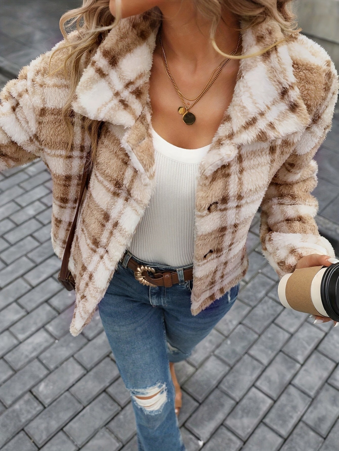 European And American Double-sided Plush Plaid Button Cardigan Casual Coat For Women
