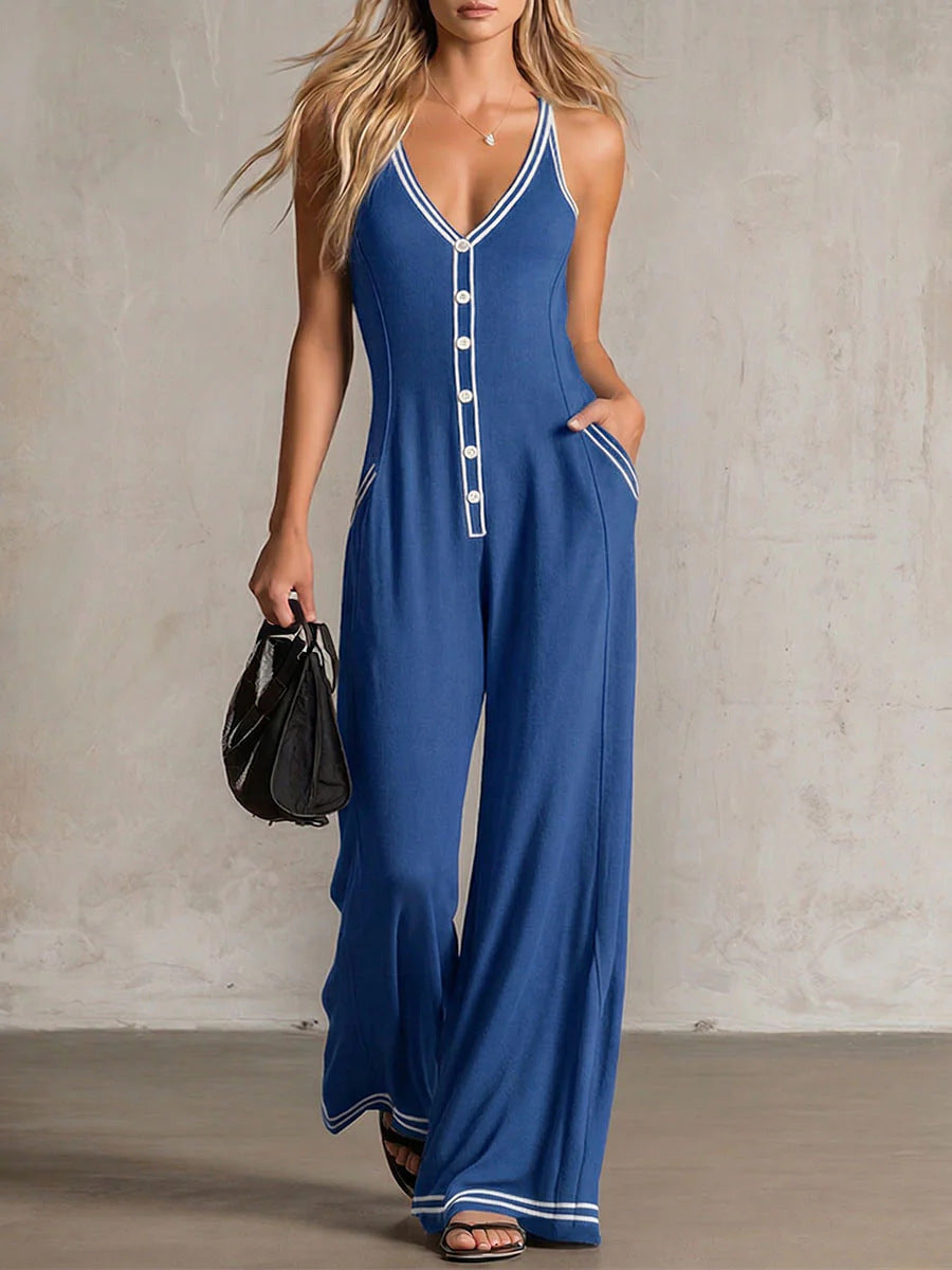 Womens V-Neck Casual Loose Backless Wide-Leg Jumpsuit