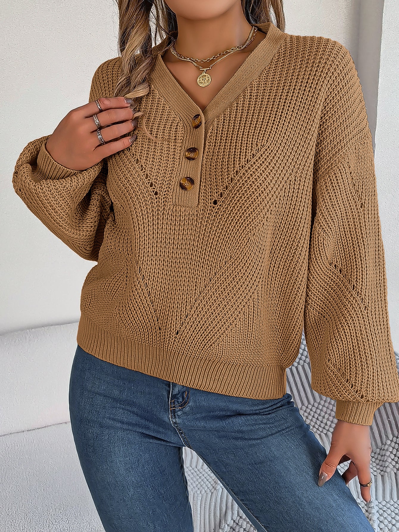 Women Hollow Out V-Neck Button Lantern Sleeve Pullover Sweater
