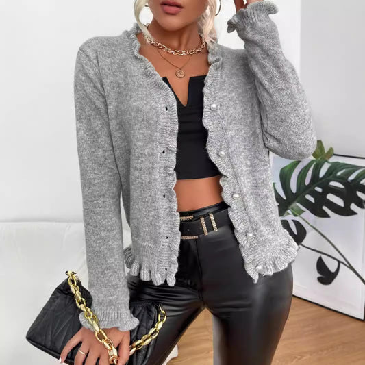 Wooden Ear Rib Knitted Cardigan Pearl Button Sweater