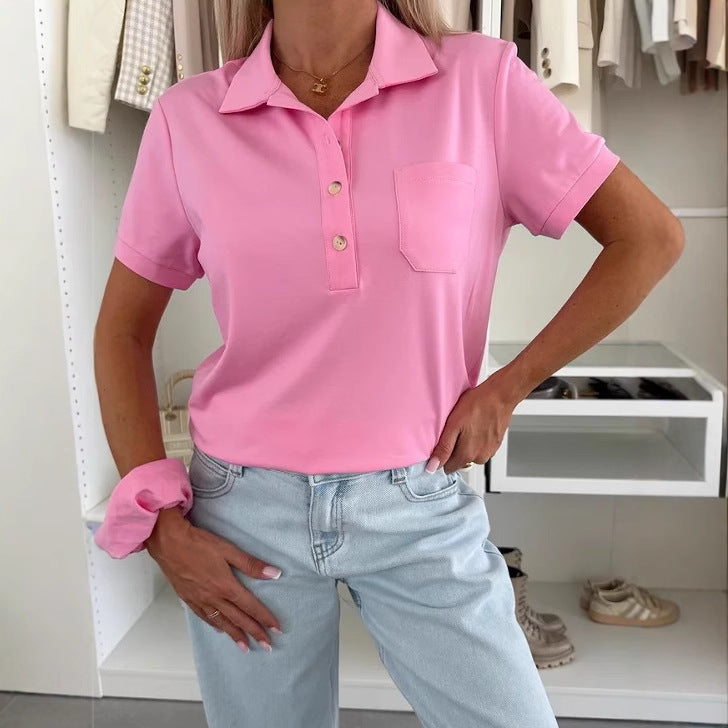 Women's Polo Collar Solid Color Pocket Short Sleeve T-shirt