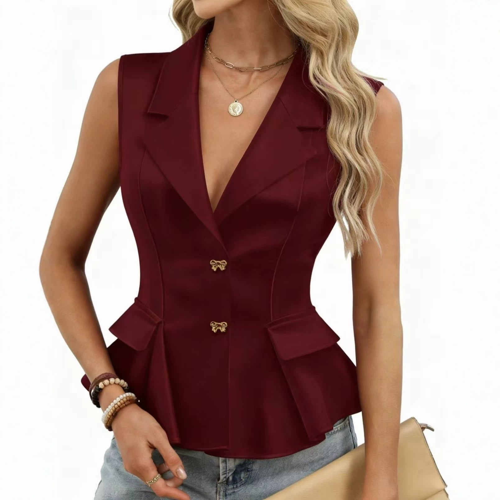 Women's Bow-tie Button V-Neck Suit Vest