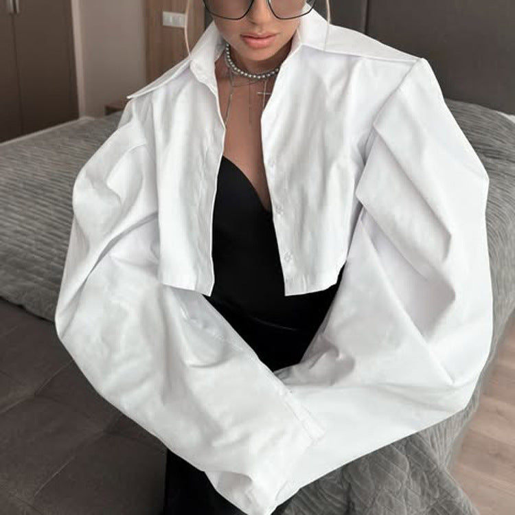 Cotton Lapel Long Sleeves Cropped Shirt