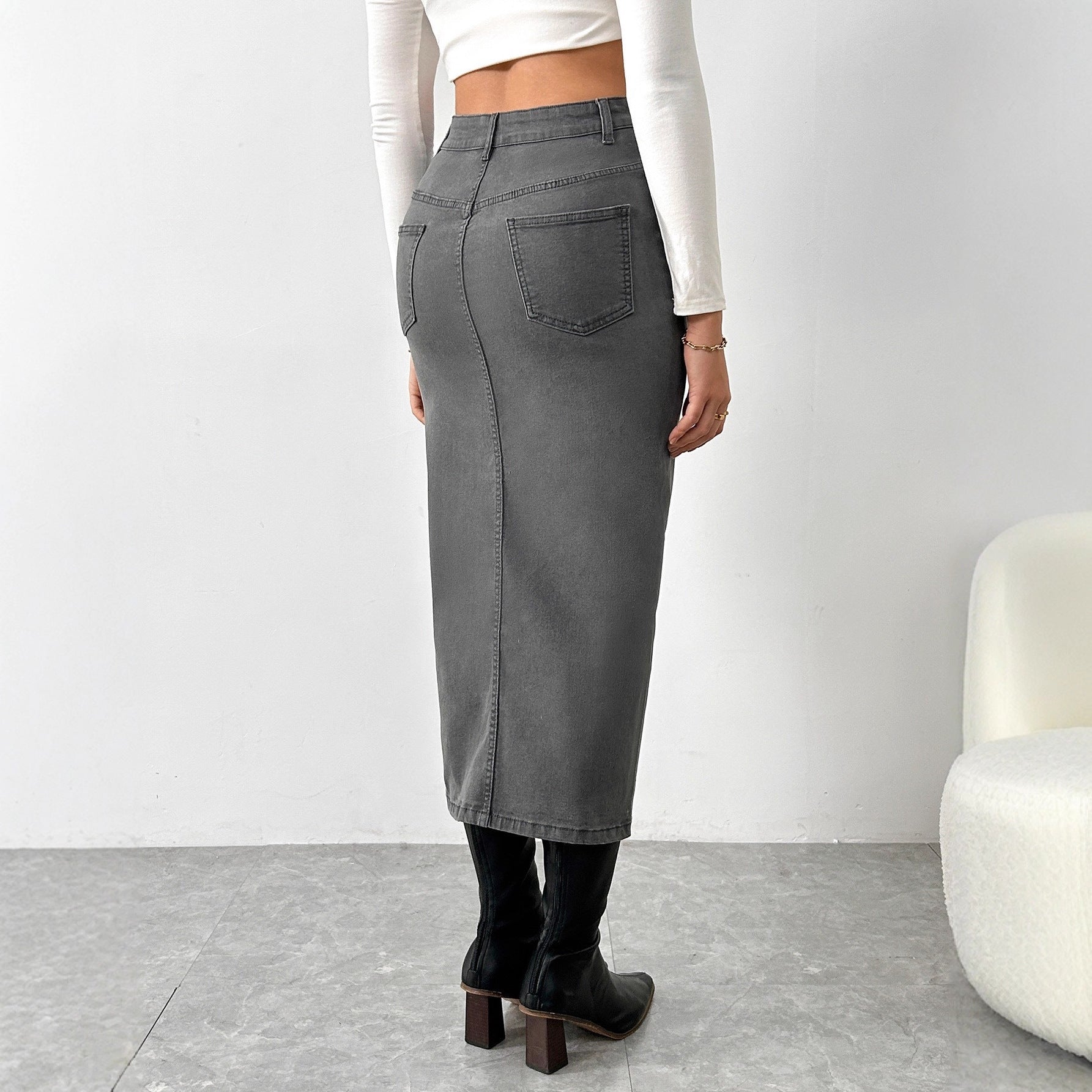 Womens Solid-Color High-Waist Vintage Denim Skirt