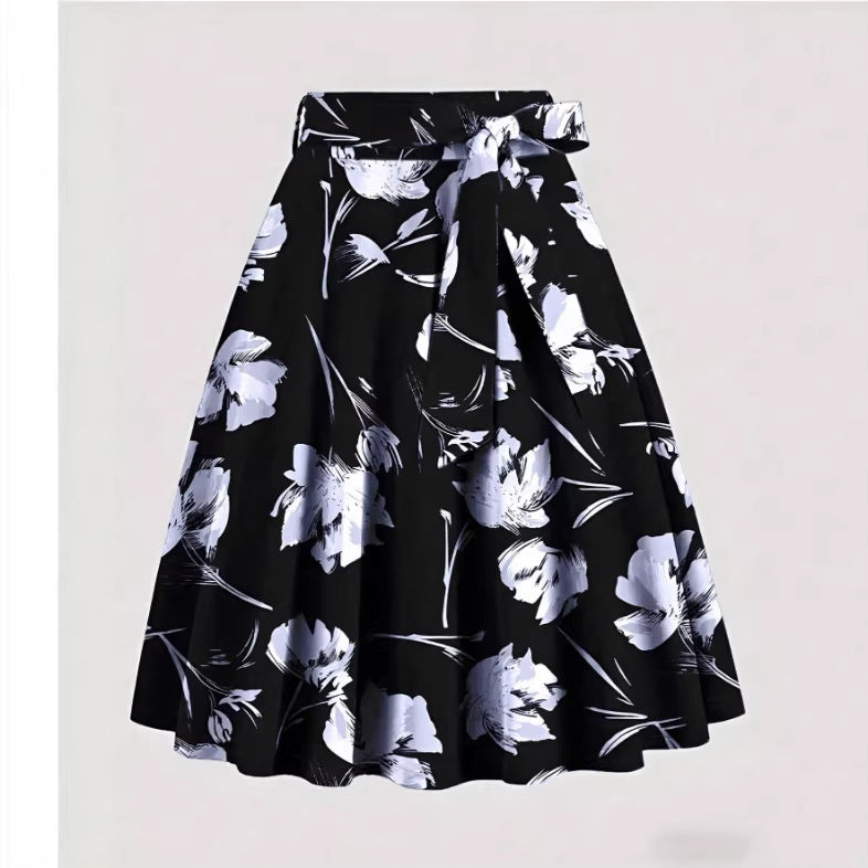 Black Floral Print Midi Skirt With Flower Pattern