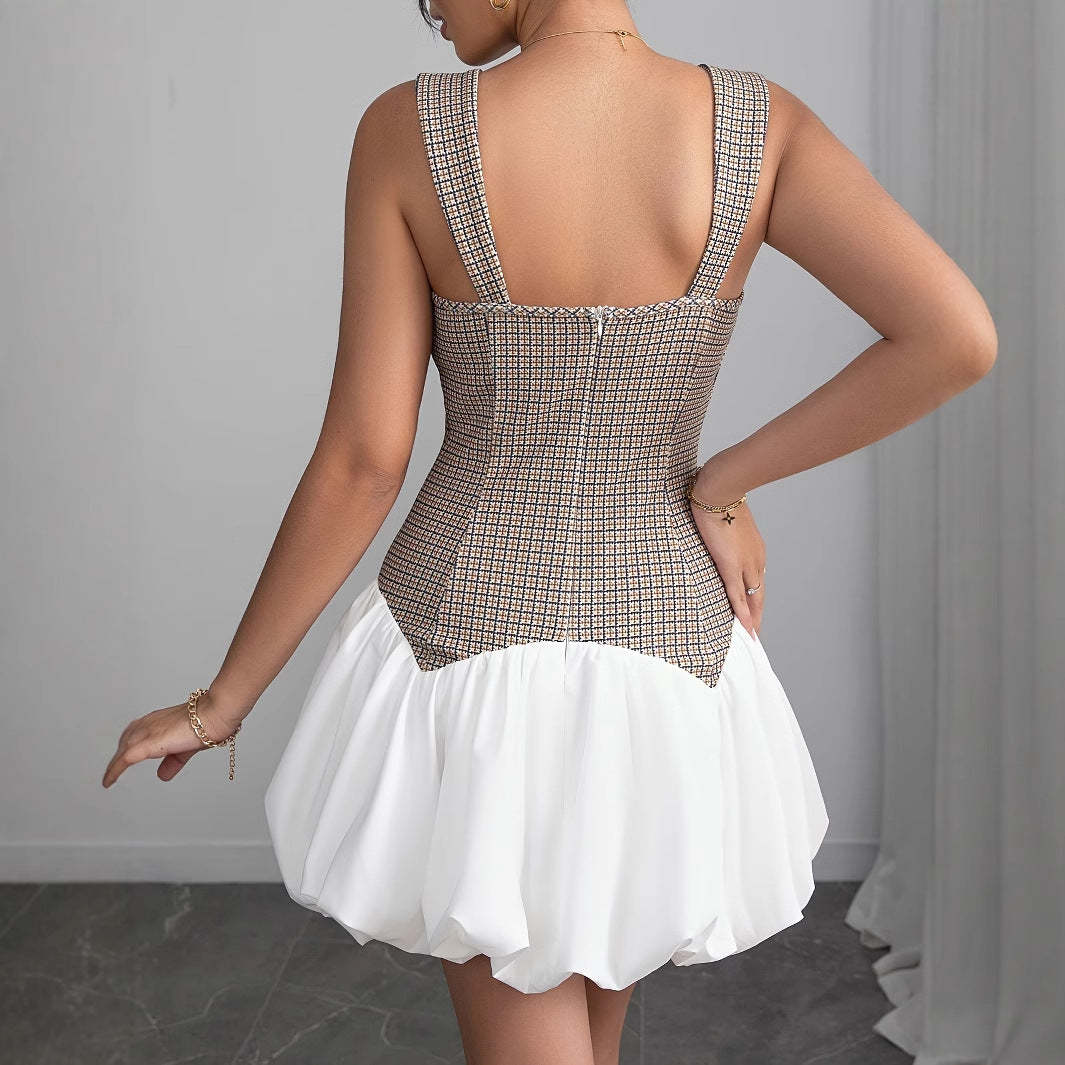Color Block Stretchy Slim Fit Short Suspender Dress For Women