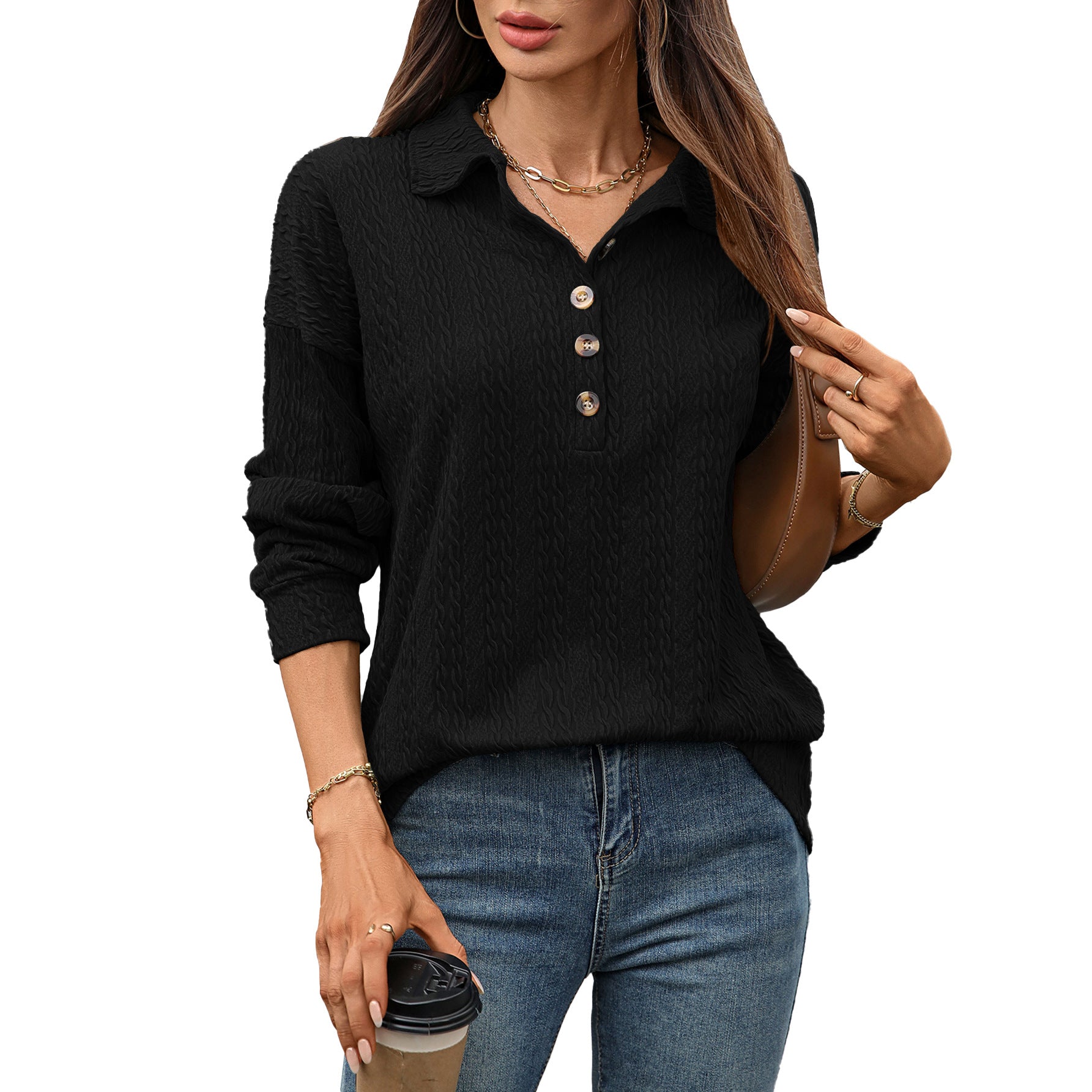 Solid Color Polo Collar Button Loose Long Sleeve Sweatershirt