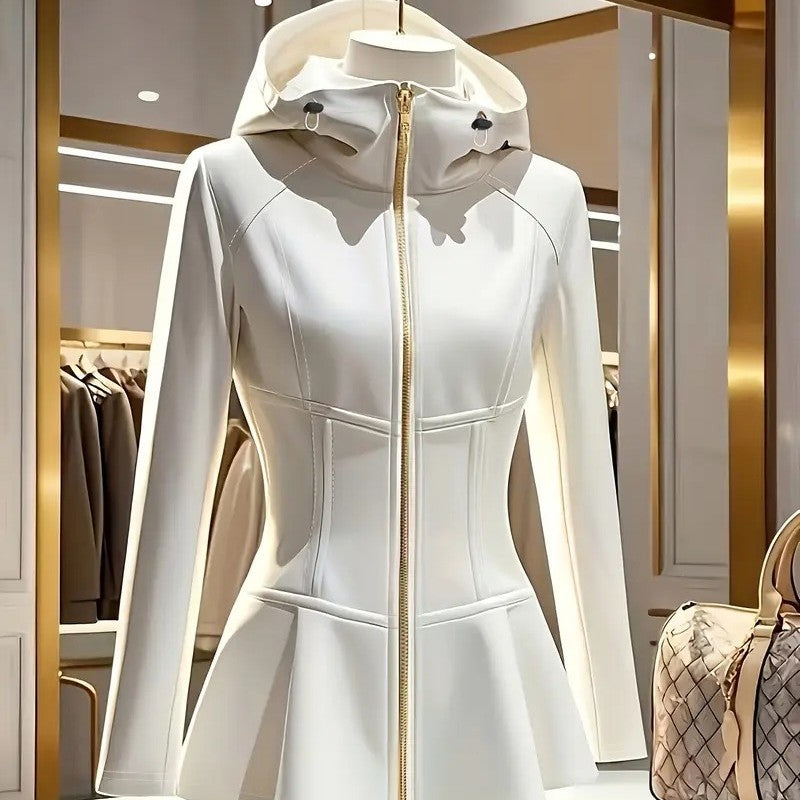 Women's Elegant White Hooded Jacket With Stand Collar