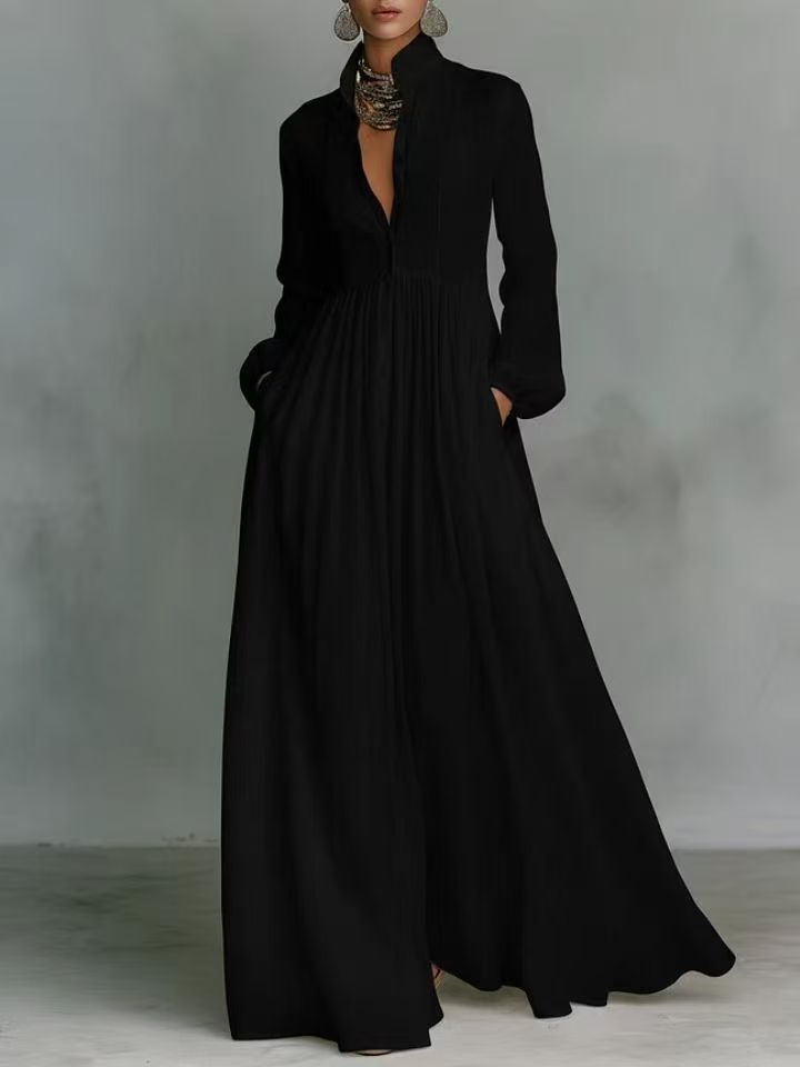 French-style Long-sleeve Pleated Dress For Women