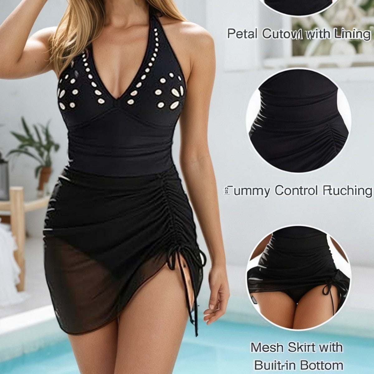 A Figure-flattering, Slimming One-piece Swimsuit With A Cutout Design Features A Drawstring Detail
