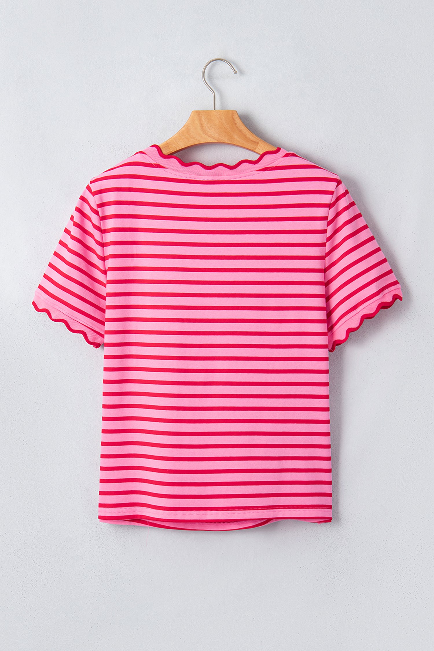 Red Stripe Scalloped Trim Round Neck T Shirt
