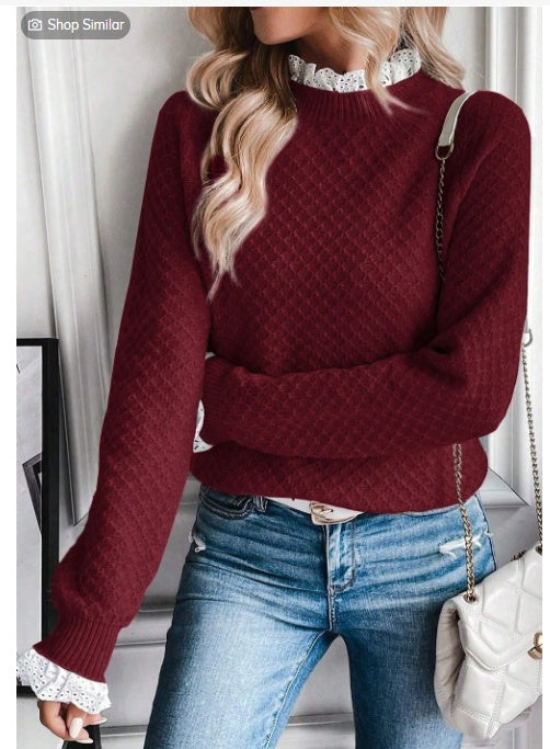 Burgundy Contrast Lace Frilled Trim Raglan Sleeve Sweater