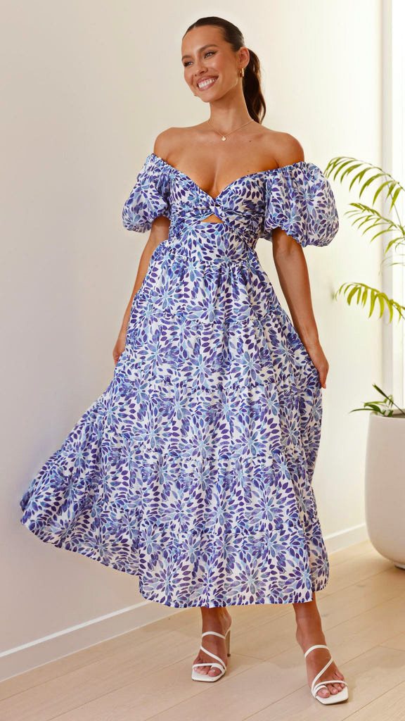 Elegant Figure-flattering High-end Dress With A Flared Silhouette Floral Print And Puffed Sleeves
