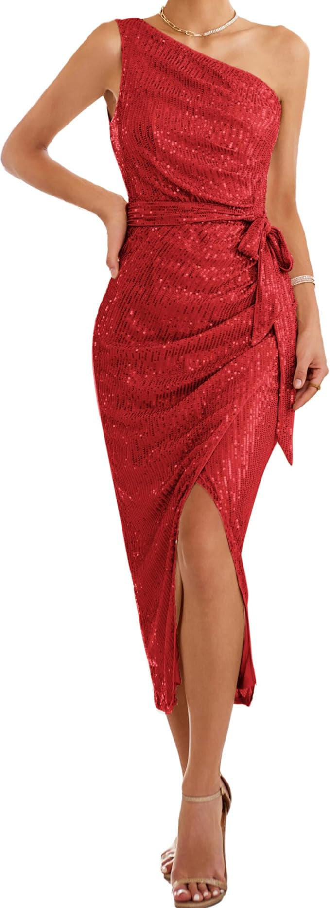 Womens Sleeveless One-shoulder Sequin Dress