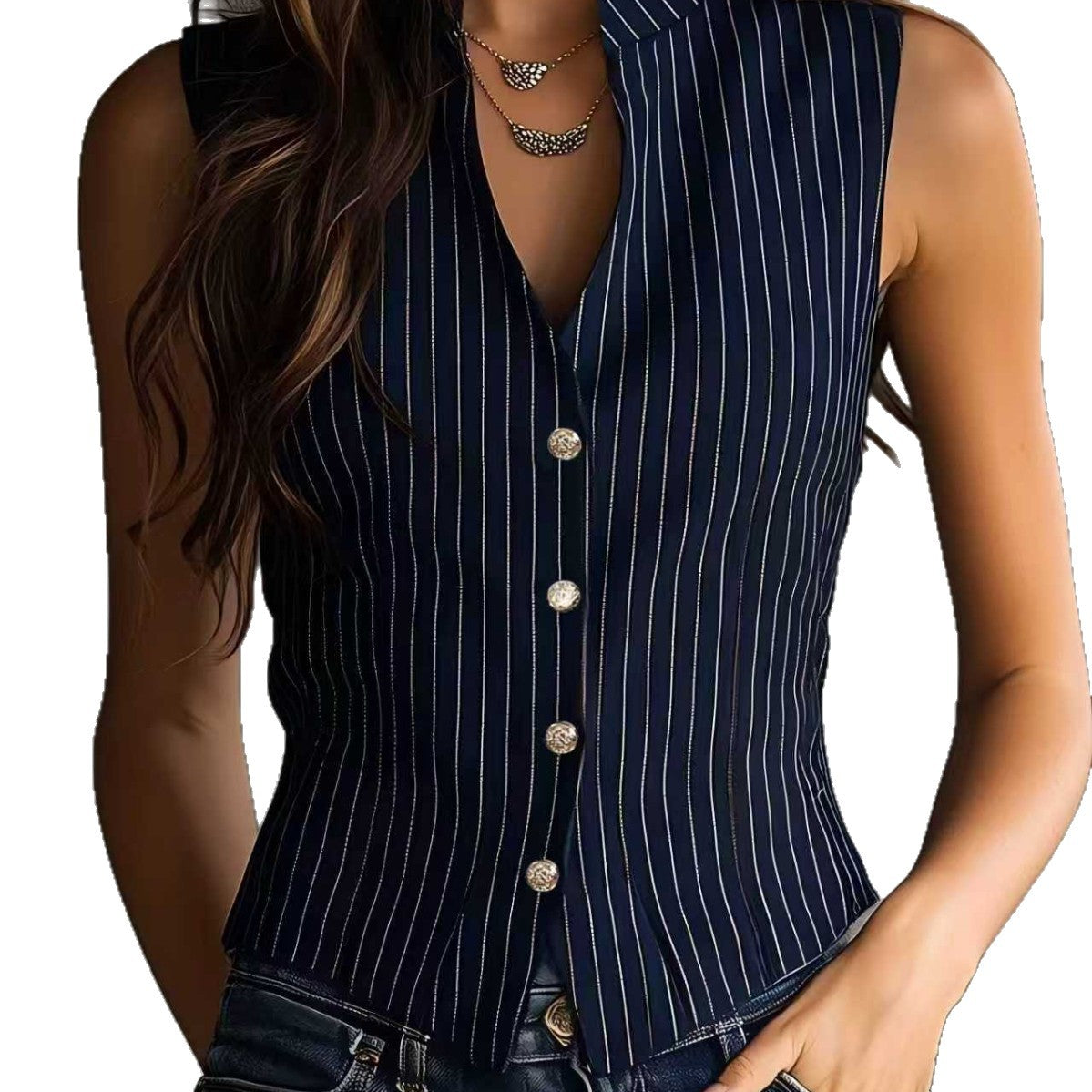 Elegant Striped Sleeveless Shirt With A Slim-fit Vest
