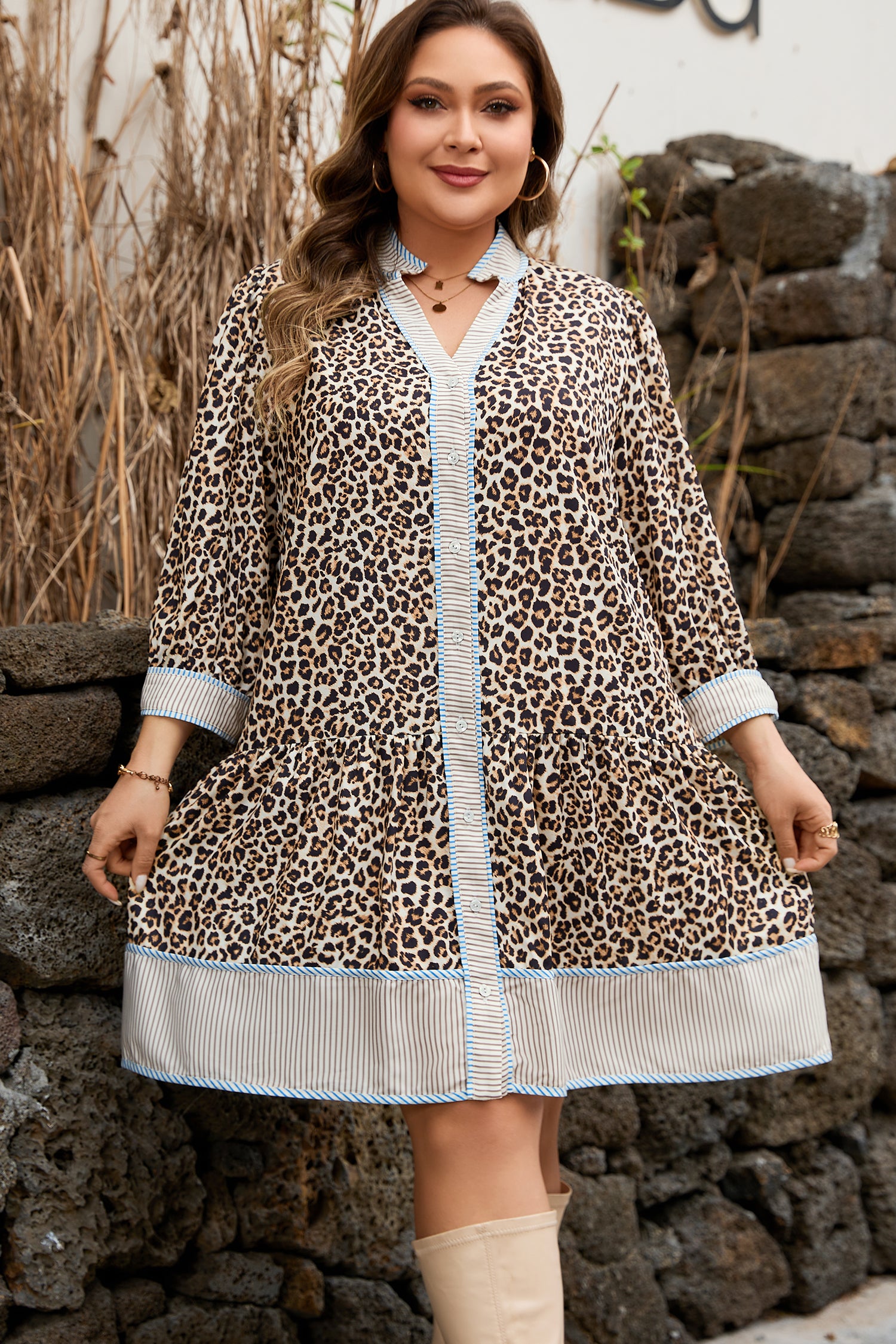 Khaki Plus Size Leopard Print Striped Trim V Neck Drop Waist Long Sleeve Mini Dress