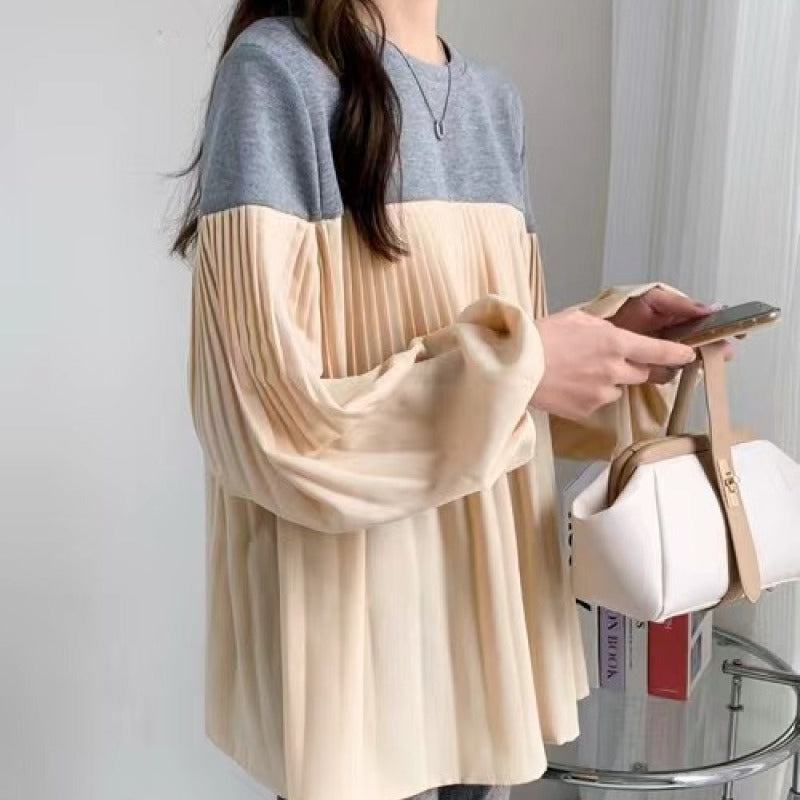 Elastic Lantern Sleeve Round Neck Contrast Color Pleated Long Sleeve Sweater
