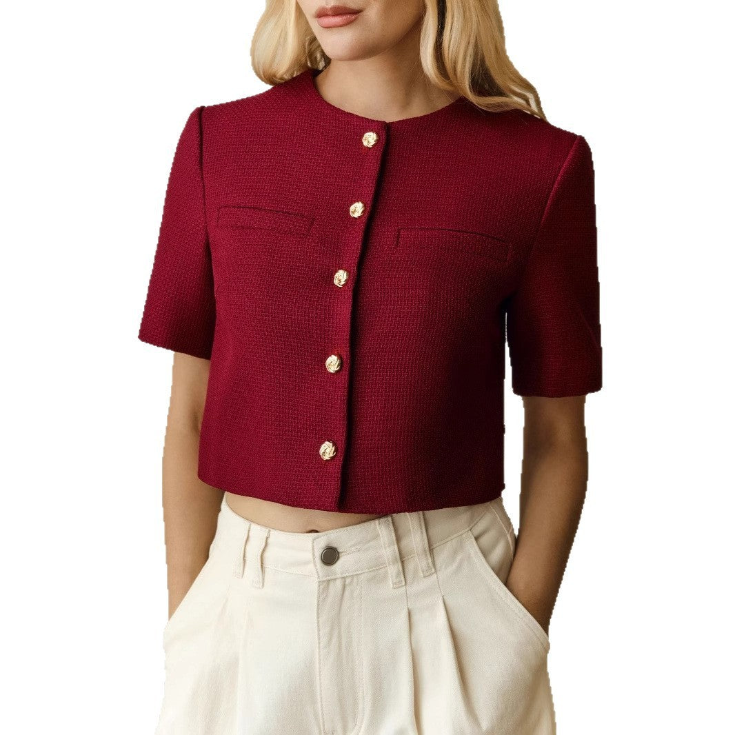 Round Neck Short Sleeve Breasted Coat For Women