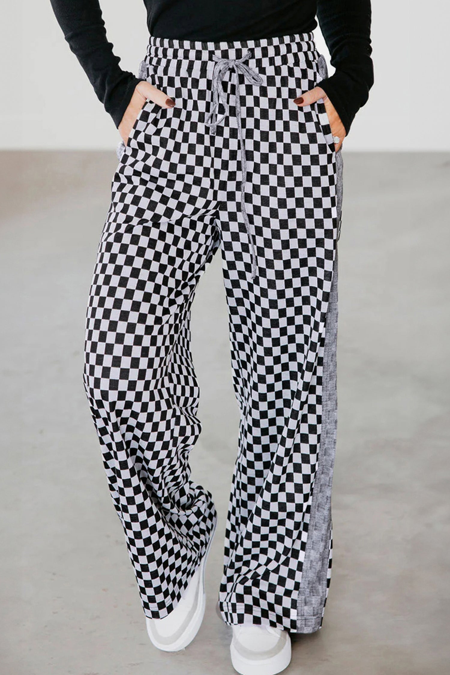 White Checkerboard Drawstring Waist Casual Pants