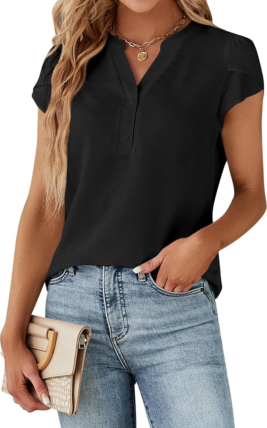 Womens SpringSummer Solid-Color V-Neck Button-Down Loose Short-Sleeve Chiffon Blouse