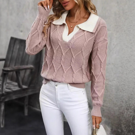 Women's Lapel Long Sleeve Contrast Color Knitted Sweater