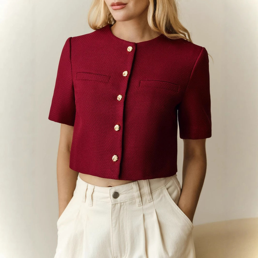 Round Neck Short Sleeve Breasted Coat For Women