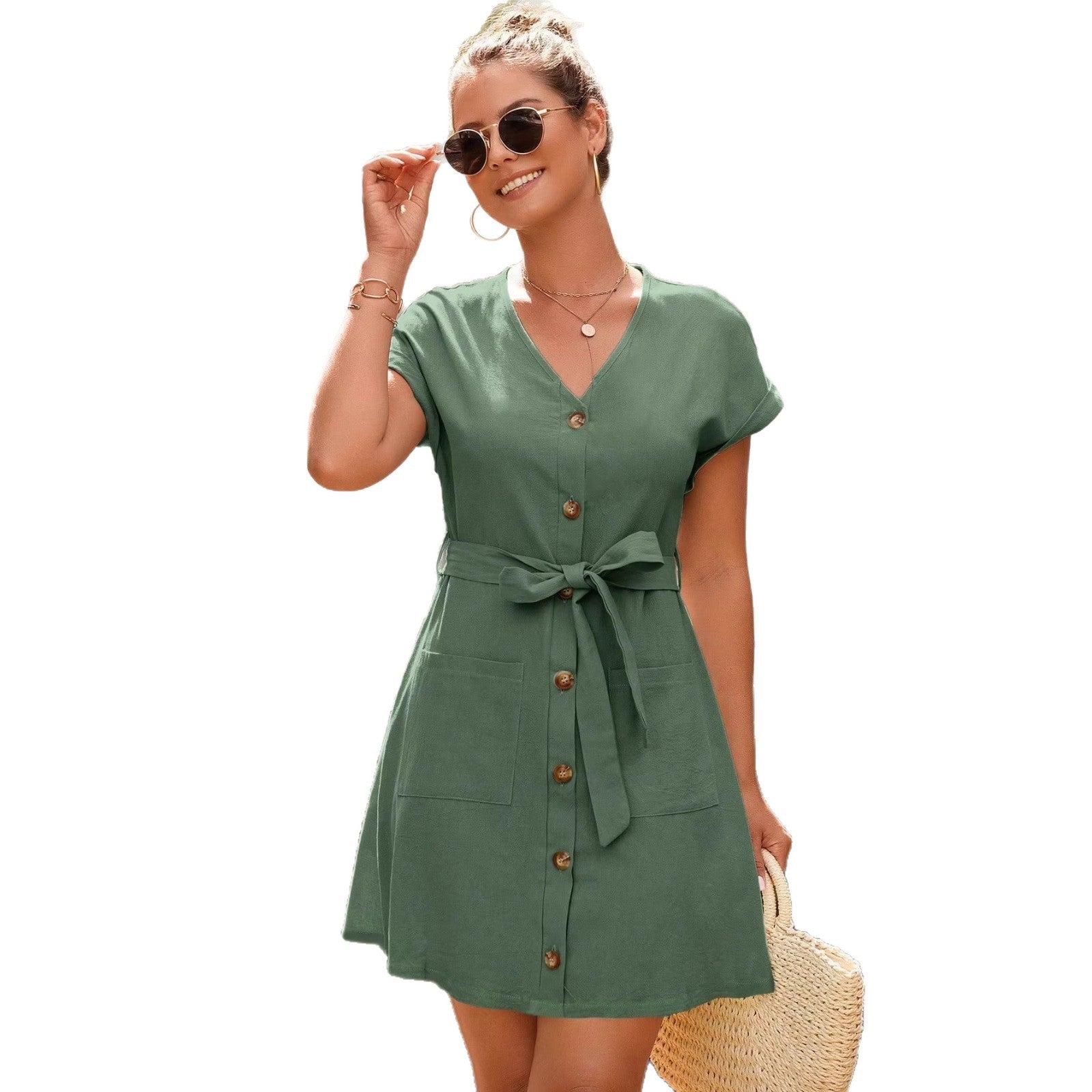 Relaxed Casual V-neck Dress With Tie Sophisticated Vibe