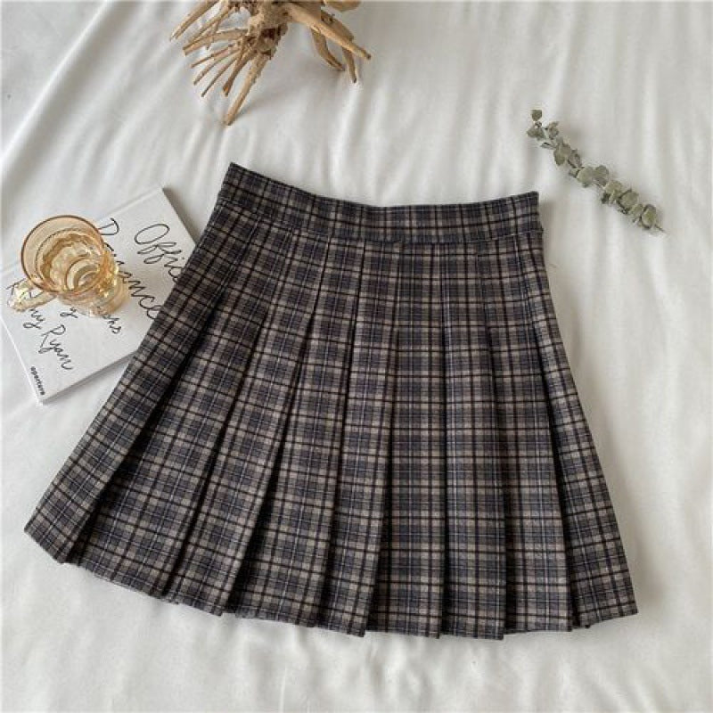 Autumn Winter Retro Coffee Color Plaid High Waist Half-length Summer Dress For Women