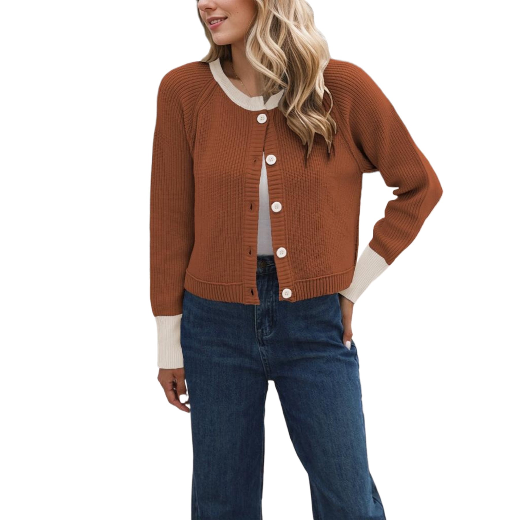 Fashion Round Neck Single Row Button Contrast Color Coat For Women