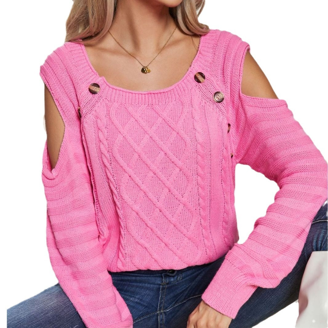 Button Square Collar Off-the-shoulder Long Sleeve Twisted Cable-knit Sweater Women