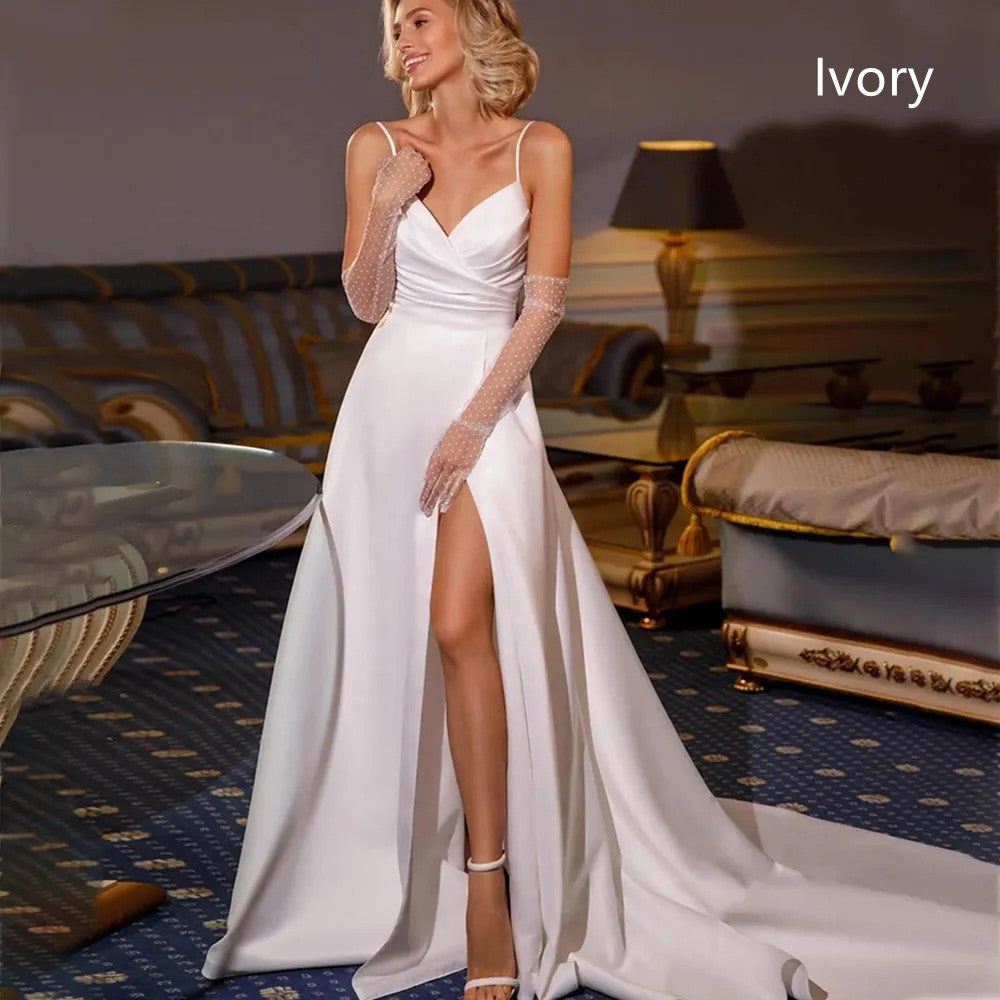 Simple Satin A-line Wedding Dress Spaghetti Straps