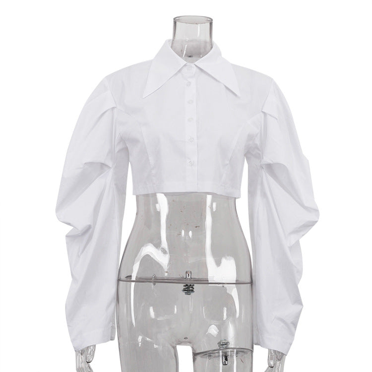 Cotton Lapel Long Sleeves Cropped Shirt