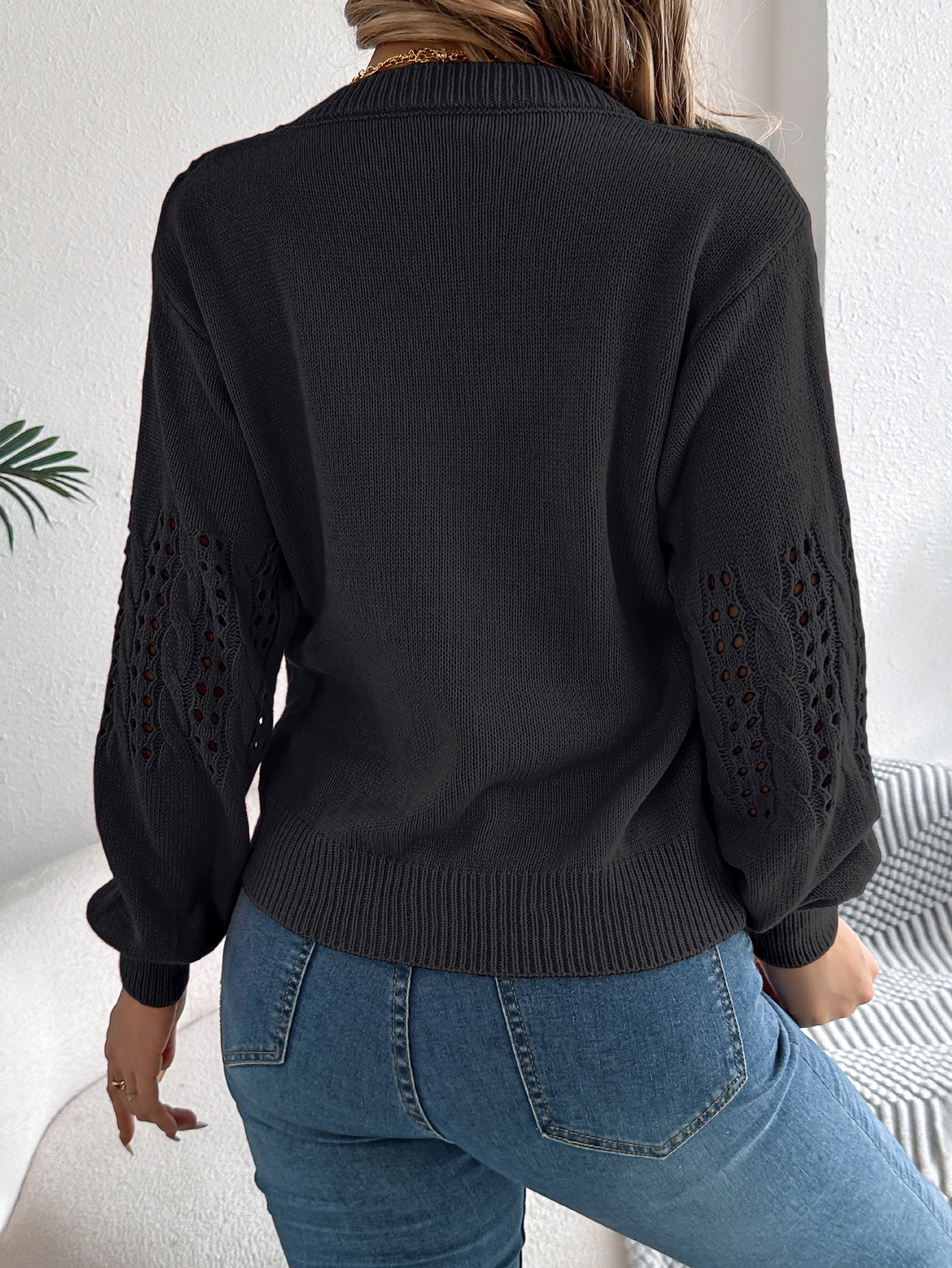 Women Casual Solid Color Hollow Out Lantern Sleeve Pullover Sweater
