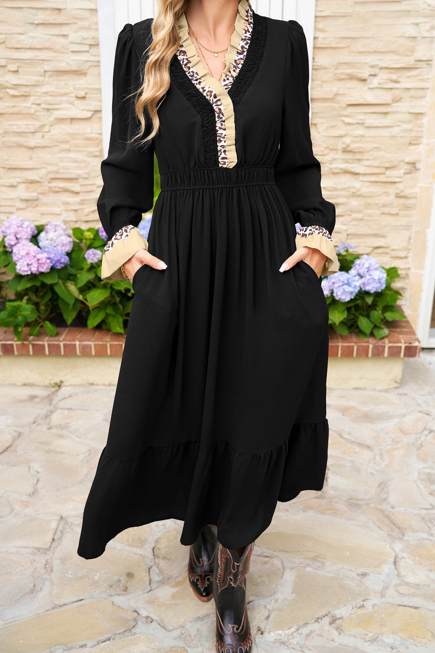 Black Leopard Contrast Color Ruffle Bracelet Sleeve Midi Dress