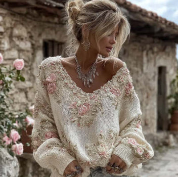 Womens AutumnWinter Lazy-Style V-Neck Pullover Sweater