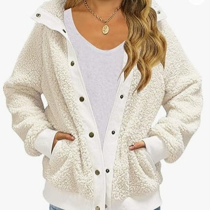 Cardigan Coat Thickened Fleece Pocket Pure Color Warm Keeping Coat For Women