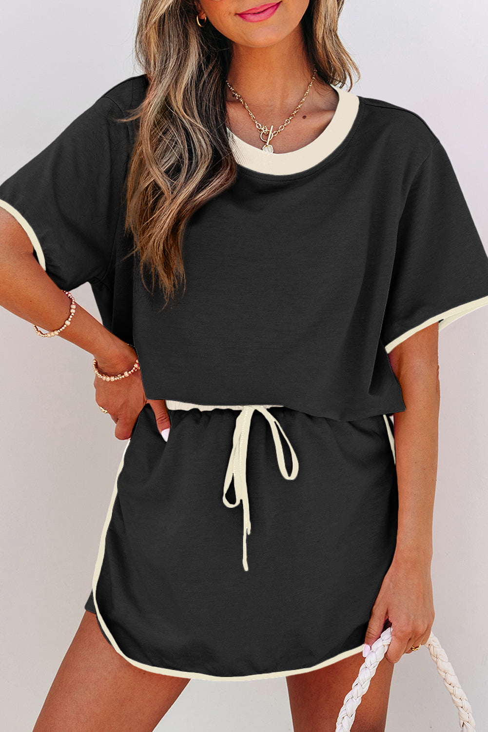 Black Colorblock Edge Drop Shoulder T Shirt and Skort 2Pcs Set