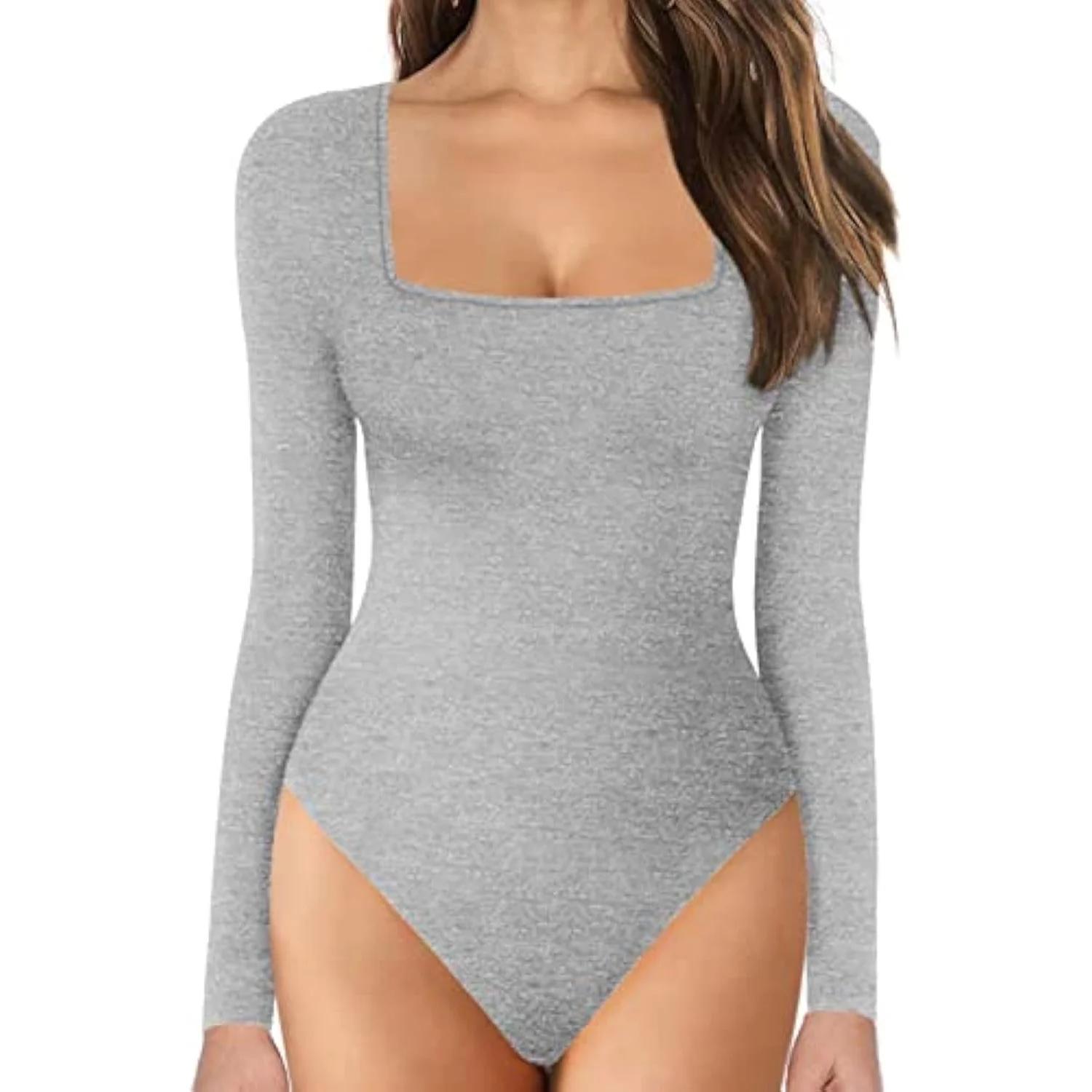 Women's Long Sleeve Square Neck Tummy Shaper Bodysuit Sexy Slimming Elegant Lingerie