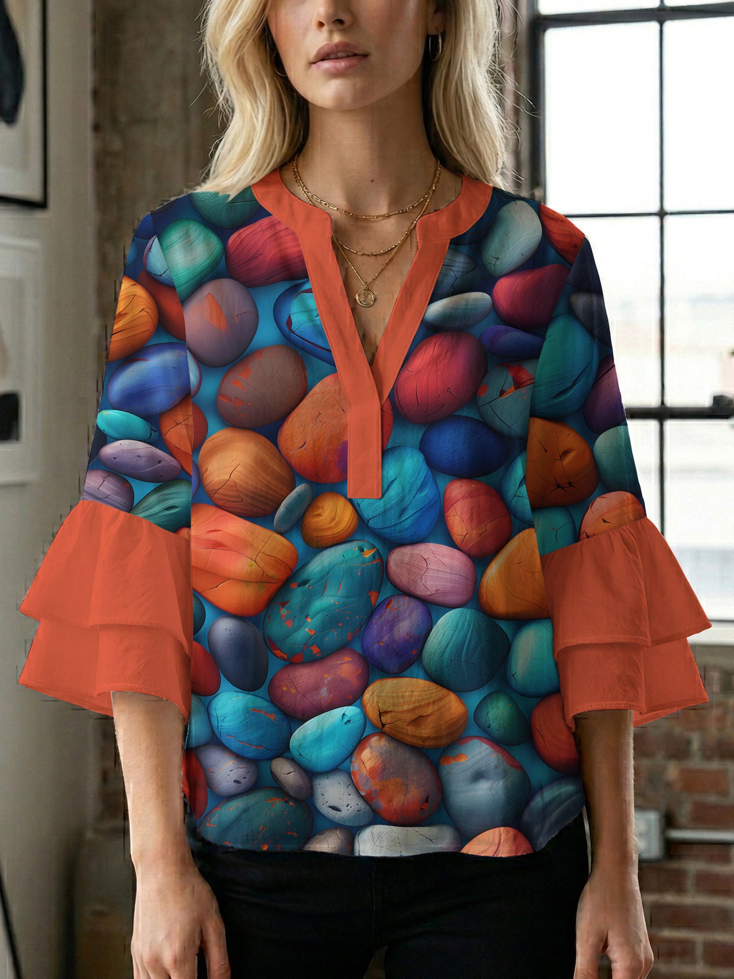 Women's Digital Print Puff Sleeve Top