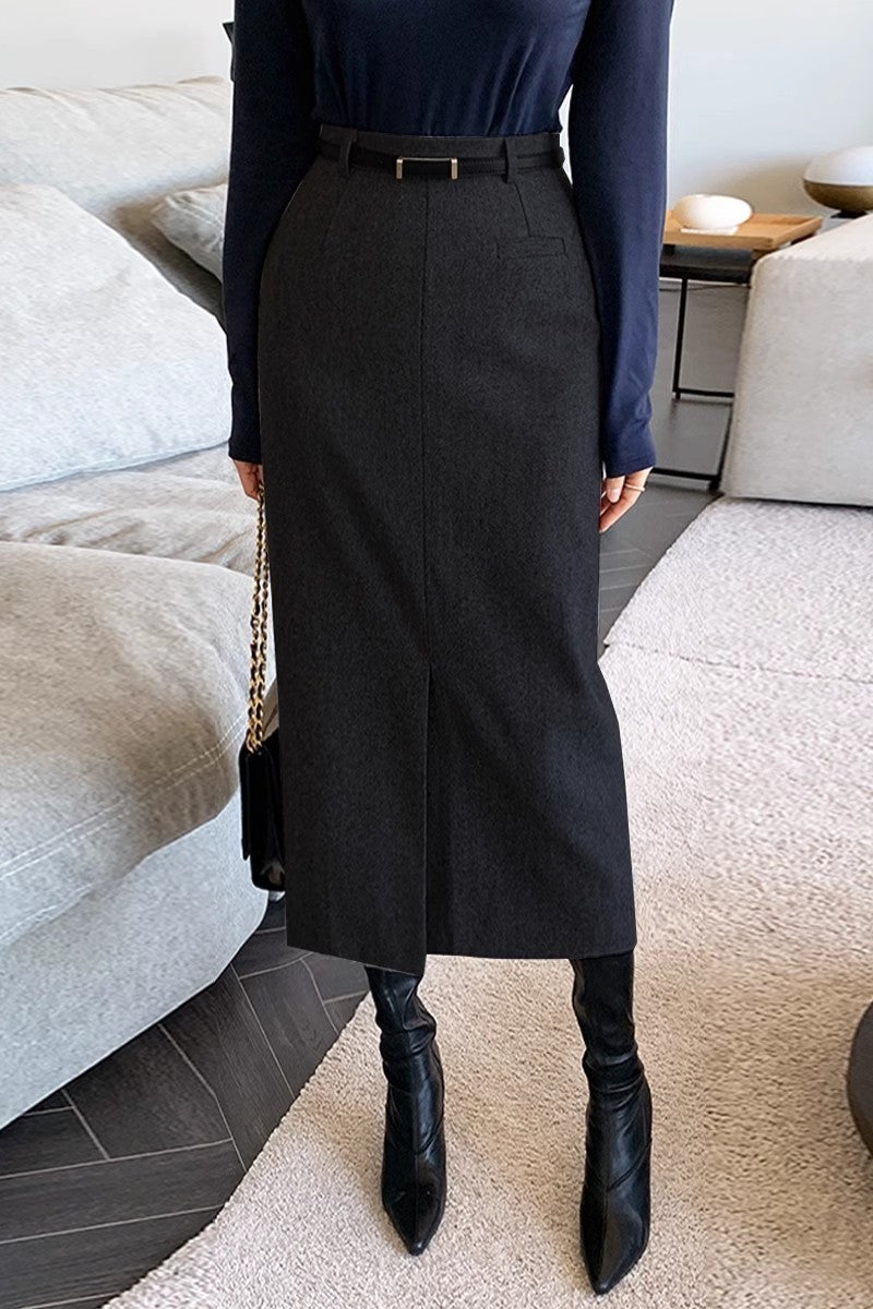 Gray Women's Autumn And Winter Thickened High Waist Mid-length Commuting Figure Flattering Sheath Skirt