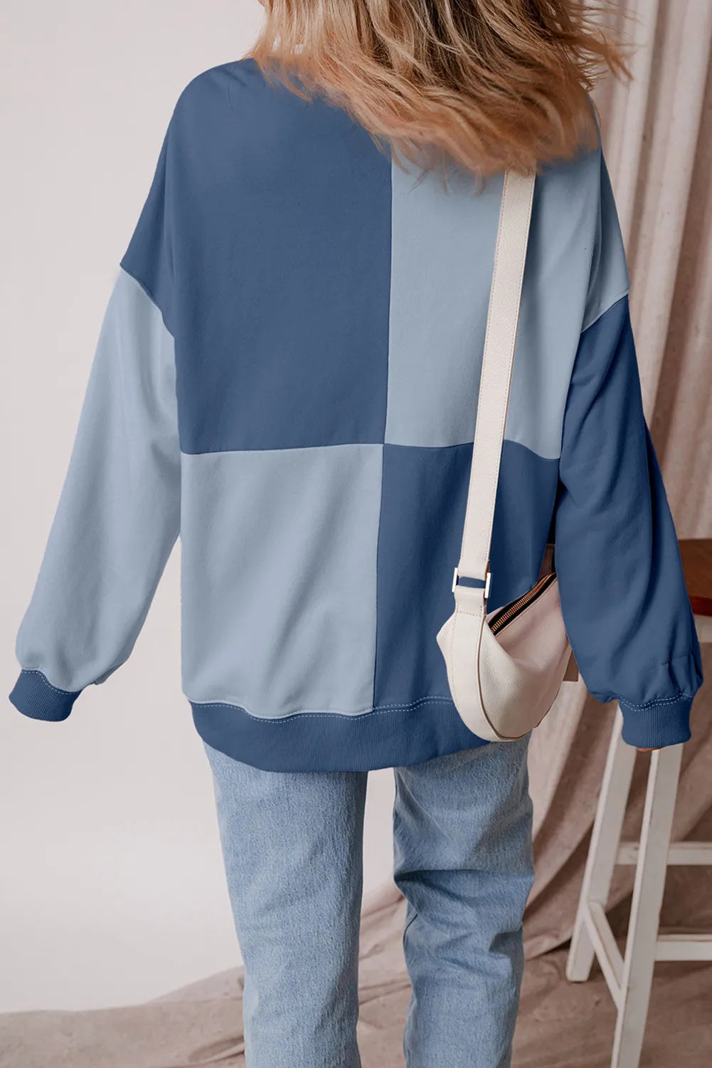 Beau Blue Colorblock Henley High Low Oversize Sweatshirt