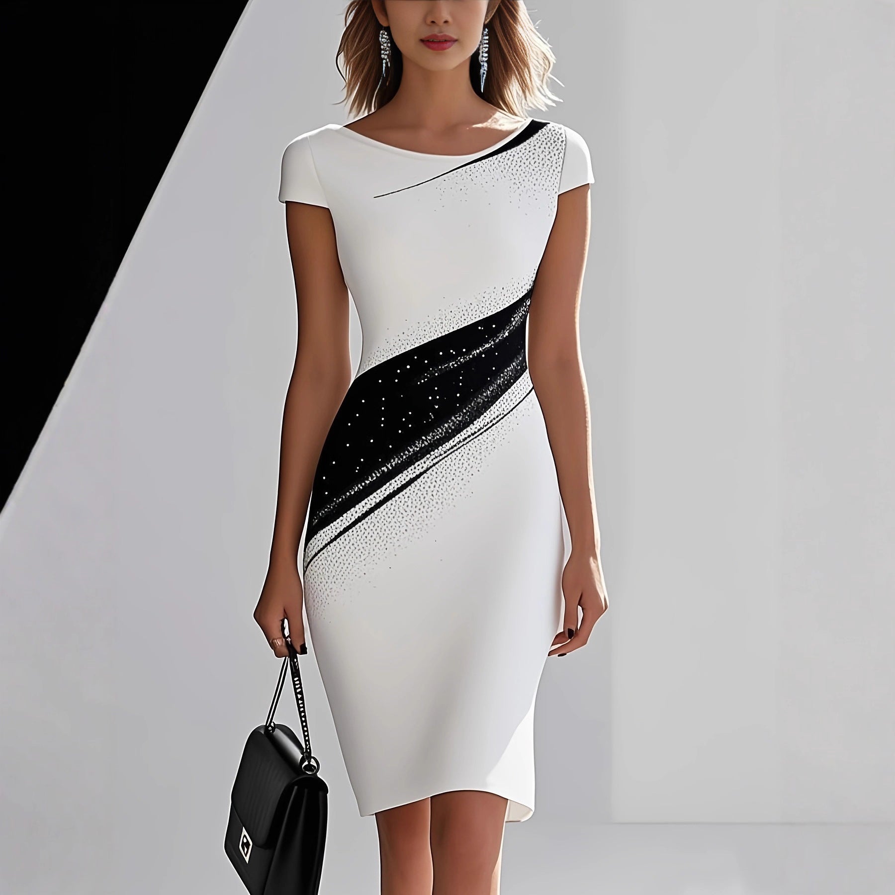 Elegant Black-and-white Contrast Long-sleeve Slim-fit Midi Dress