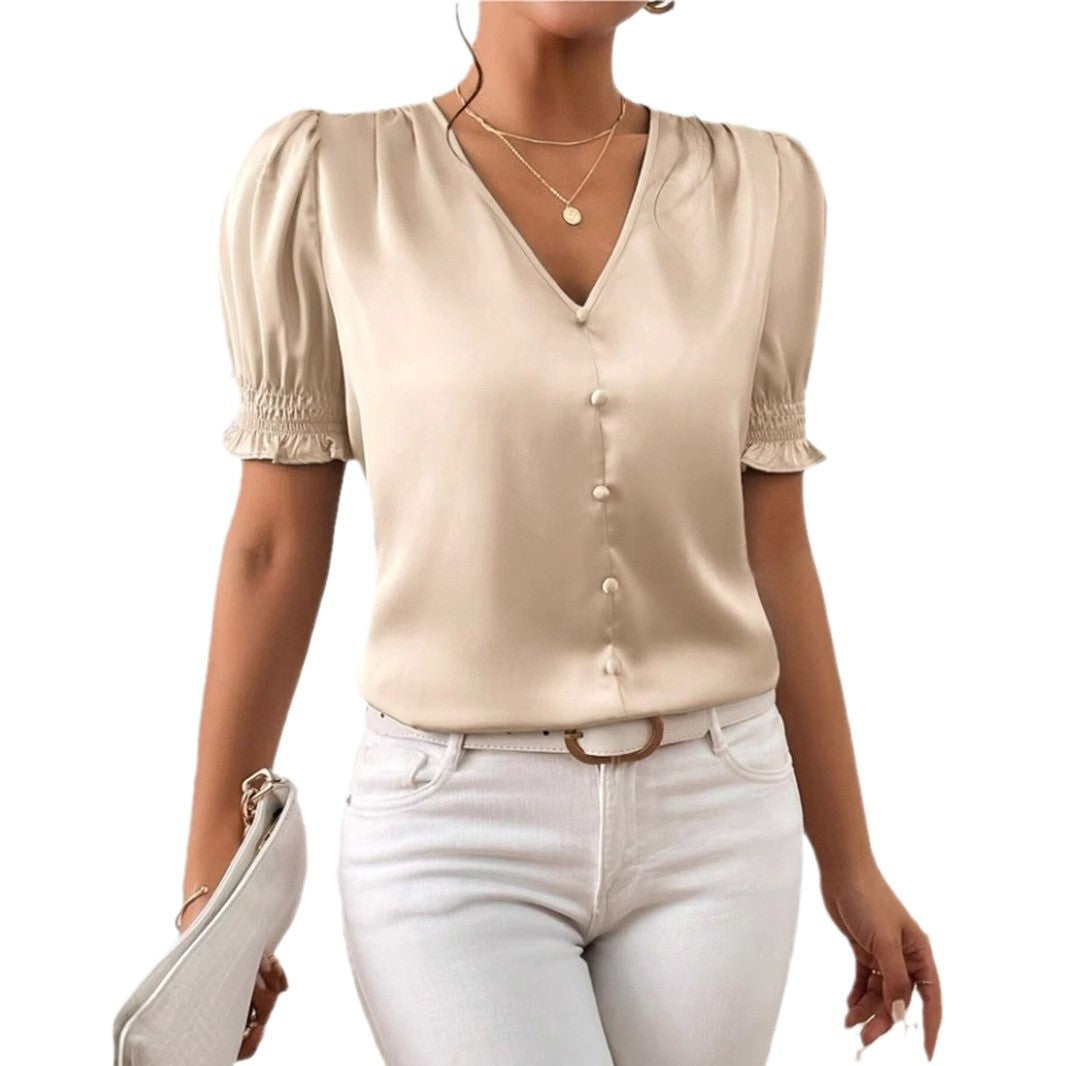 New Satin V-neck Buttons Casual Short-sleeved Ruffled Blouse