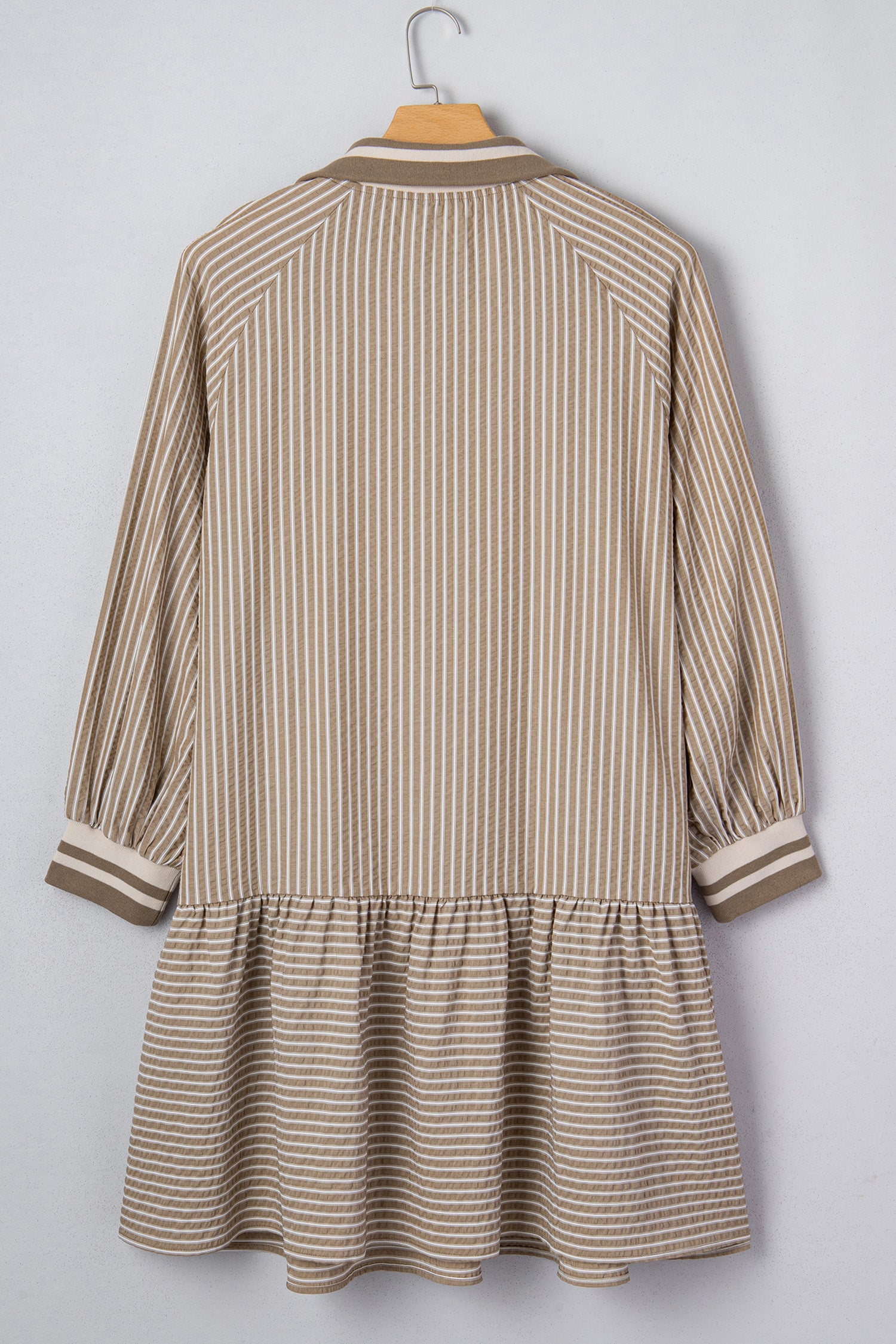 Khaki Stripe Zip up Collared Puff Sleeve Ruffled Plus Size Mini Dress