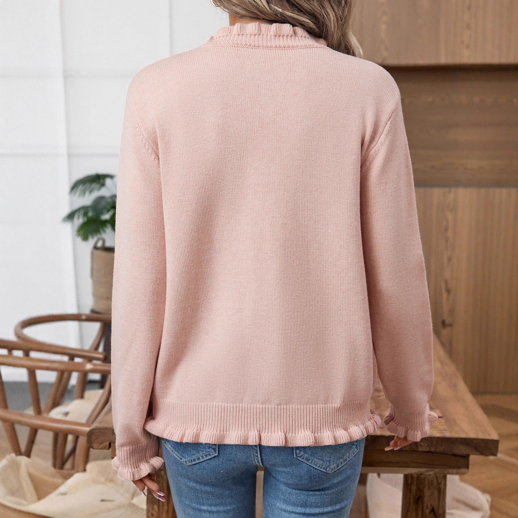 Fashion Elegant Wooden Ear Button Sweater Top