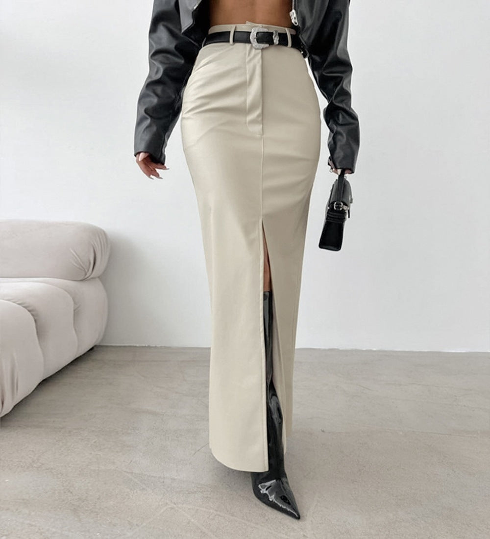 Leather Design Split Solid Color High Waist Simple Skirt
