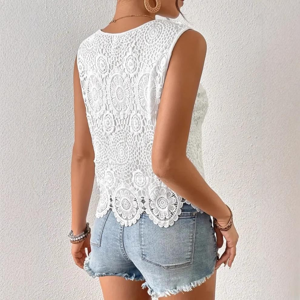 Womens Floral Lace Tank Top Sleeveless Blouse Crew Neck Hollow Out Summer Casual Shirt